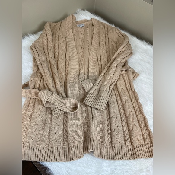 Evereve Juliette Wrap Cable Knit Belted Cardigan Sweater - Tan Small - Picture 5 of 10